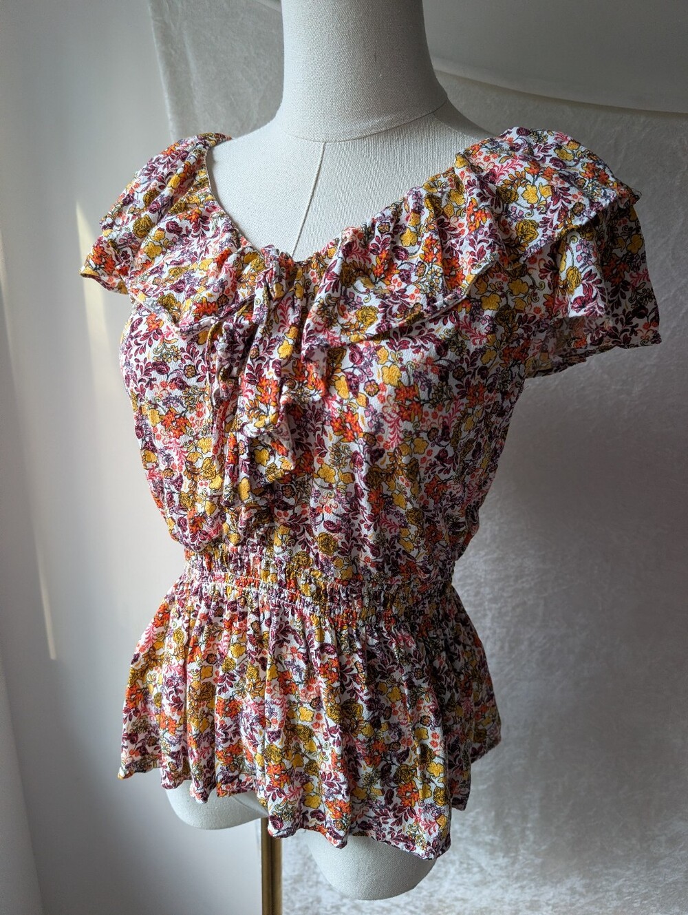 Floral Fit Flare Ruffle V Neck Tie Keyhole Vibrant Rayon Small Tall